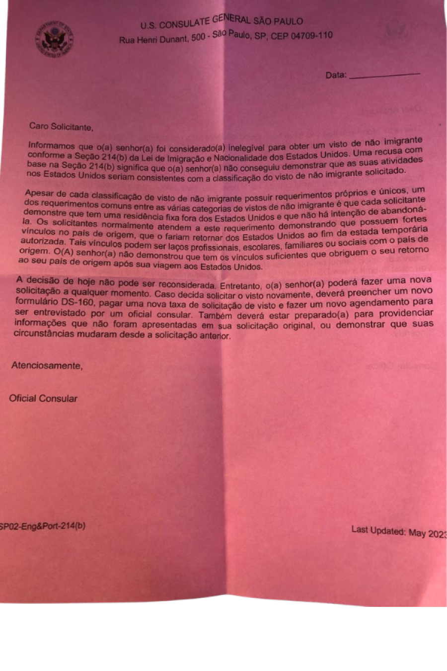 Imagem Carta negativa visto americano 214b